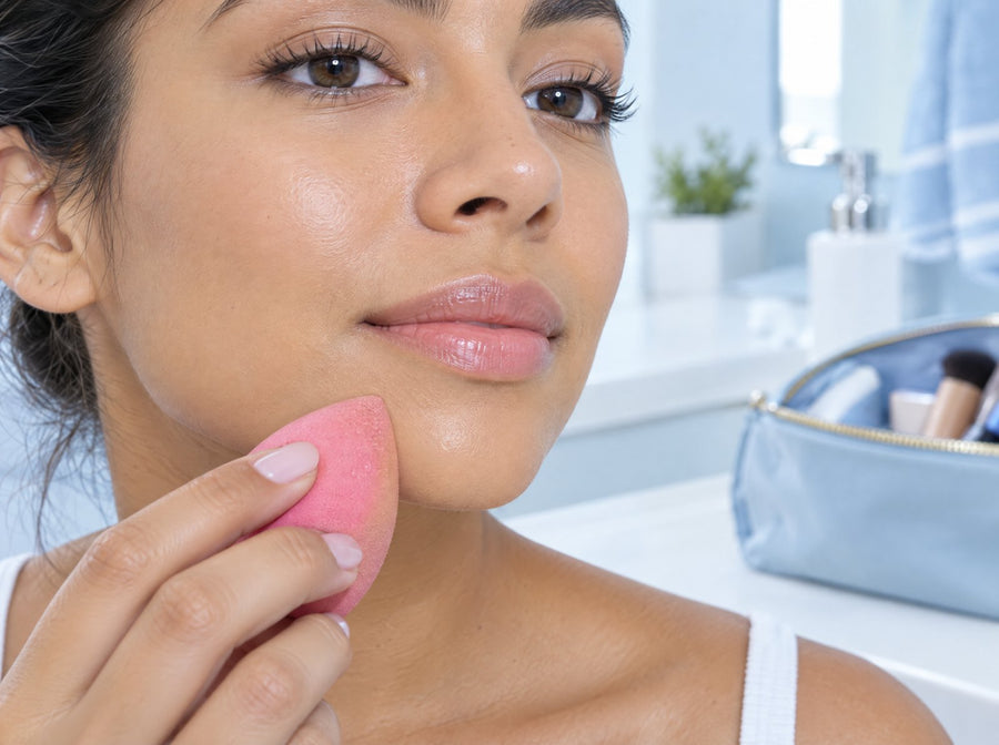 Skincare and makeup on top